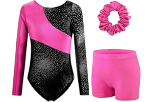 XiaoMoSha Girls Three-Piece Gymnastics Leotards Set Long Sleeve Leotards with Shorts and Hairband Sparkly Ballet Dance Unitards Gradient Color Design Gymnastics Outfits for Kids 3-12 Years