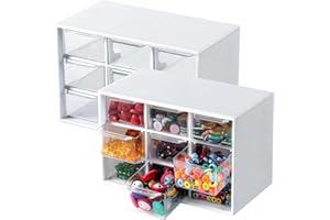 Winter Shore Bastelbox Aufbewahrung mit 9 Schubladen [2er-Pack] - Durchsichtige & Weiße Schubladenbox Schreibtisch - Herausnehmbare Mini- mit Niedlichen Designs für Bürobedarf & Zubehör