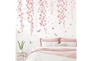 SHUCHING Cherry Blossom Wall Sticker Peel and Stick, Pink Flower Hanging Vine Wall Decal, Removable Vinyl Wall Decor Art Home Decoration for Living Room Bedroom