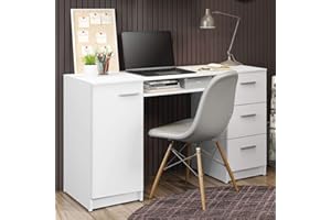 Madesa Computer Desk 53 Inch with 3 Drawers 1 Door and 1 Storage Shelf Ergonomic Wooden Home Office Gaming Writing Workstation Study Furniture - White