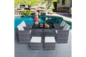 Panana 8 Seater Rattan Garden Furniture Set Dining Table and Chairs Stools Set Outdoor Patio and Conservatory Mixed Grey with Beige Cushion