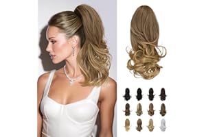 ‎SOFEIYAN Sofeiyan 33cm Pferdeschwanzverlängerung Langer lockiger Pferdeschwanz Clip in Klaue Haarverlängerung Natürlich aussehendes synthetisches Haarteil für Frauen,Mittelbraun mit honigblonden Strähnchen