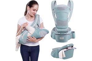 Lohofrnny Porte Bébé, Siège de Hanche Multifonction pour Porte Bebe de 0 à 36 mois, Porte-bébé ergonomique avec Siège de Hanche/Pur coton, Toutes Saisons, Charge Maximale 25 kg (Vert clair)