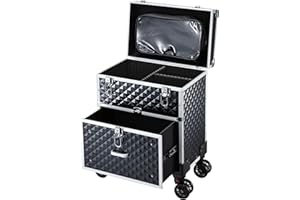 TAYQWIHEVA Maleta Maquillaje con Ruedas Maletín Maquillaje Profesional con Cajones, Maletín de peluquería Caja Maquillaje para para Maquilladores, Peluqueros y Técnicos de Uñas, con Bolso Desmontable, Negro