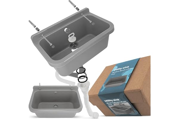 Évier Commercial a Chambre Industriel Profond Extérieur Lave-Mains Jardin Garage Buanderie Salle de Bains Usine Monochambre 55 x 34 x 21 cm Gris