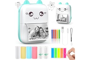 HuiJuKeJi Mini imprimante photo avec lumière LED, imprimante thermique, image photo, impression de reçus, avec 10 rouleaux de papier, 1 autocollant pour smartphone, pour photo Note de liste mémo (bleu