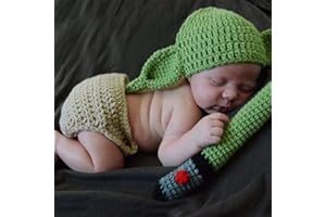 MOVKZACV Baby-Yoda-Kostüm, Neugeborenen-Fotografie-Requisiten, gehäkeltes Strick-Outfit-Set, Yoda-Hut und Windelüberzug, Geburtstagsgeschenk, Cartoon-Kleidung