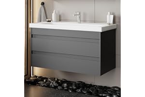 ‎KAREN BANYO Karen Waschtisch mit Unterschrank Lara | Keramikwaschbecken | Unterschrank | Badmöbel | Aufsatzwaschbecken | Konsolenwaschtisch | Minimalistisch | Badezimmer Anthrazit (Lara 100)