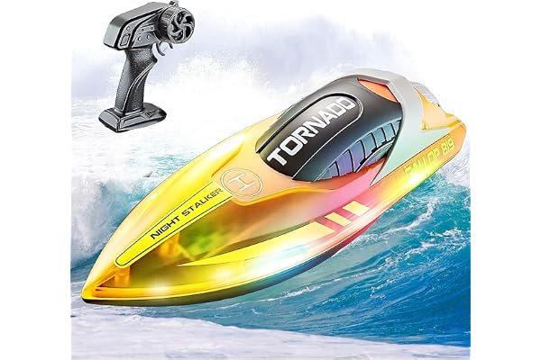 OBEST Bateau télécommandé avec lumières 2.4 GHz RC Bateau de Course télécommandé 2 Piles Bateaux télécommandés pour Enfants de 6 7 8 9 10 Jouets Cadeaux pour Enfants