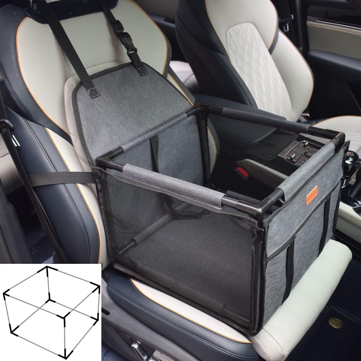 GoBuyer Waterproof Pet Dog Car Seat Booster Carrier Box and Basket with Seat Belt Harness Restraint for Puppy Cat Travel (Grey, Standard 40x40cm)