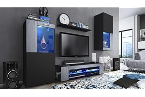 ‎VLADON Vladon Wohnwand Movie, Anbauwand bestehend aus 1 TV-Board, 2 Vitrinen und 1 Regal, Schwarz matt/Schwarz matt/Avola-Anthrazit, inkl. LED-Beleuchtung blau (Gesamt: 300 x 190 x 39 cm)