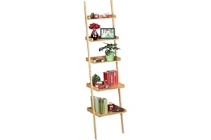 relaxdays Scaffale a Scala in bambù, 5 Ripiani, Bagno, Cucina, Mobile da Appoggiare, HxLxP: 190 x 45 x 40 cm, Naturale, Marrone, 1 pz