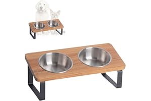 PETLINUS Gamelle Chat Surélevée et Inclinée Double - Gamelle Chat Acier inoxidable avec Support en Bois Incliné à 15º- Gamelle Chiot, Gamelle Chien Petit ou Bol Chat, Mangeoirs et Abreuvoirs - Acacia