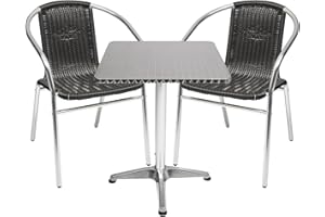 Mojawo® Bistrogarnitur 3-teilig Bistrotisch Aluminium eckig 60x60cm H70cm / 110 cm höhenverstellbar + 2 Stapelstühle Aluminium/Rattan Schwarz
