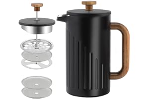 Rorence Cafetière à piston isotherme de 1 l en acier inoxydable, à double paroi isolée, avec poignée en bois et tête de pilon, cafetière avec filtres de rechange et instructions (français non