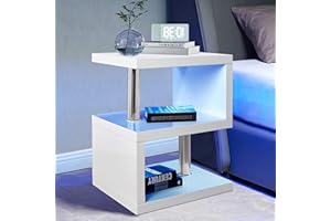 Blisswood White Led Side Table Small Coffee Table For Living Room, High Gloss S Shape Sofa End Table With RGB Led Lights, 2 Tier Storage Shelves Rectangle Coffee Tables For Home Office Furniture