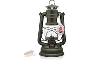 Feuerhand 276 Outdoor Hurricane Oil Lantern - German-Made Since 1893, Paraffin Lamp with Galvanized Steel, 300ml Tank, 20 Hour Burn Time, Safe for Hanging or Table Use, Kerosene Camping Light, Olive