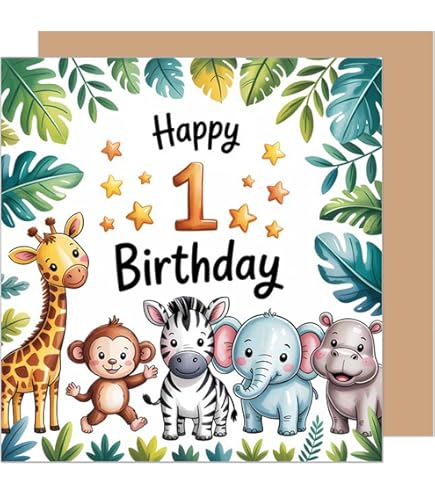 Biglietto Auguri 1° Compleanno Bambino Con Giraffa Ad Acquerello - Carta Riciclata 350g - 3