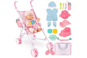 deAO Bambola Bebé e Passeggino Playset, Bambolotti Bambole e Accessori con Baby Dolls, Dolls Carrozzina, 2 Vestiti per Bambole, Funzione per Bere e Bagnare, Set da Gioco per Bambole per Bambini 3 +