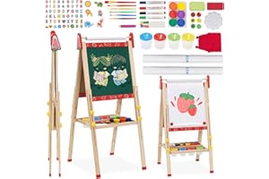 NUKDEY 3 in 1 Lavagna per Bambini Cavalletto Pittura a Doppia Faccia con Rotolo di Carta, Altezza Regolabile 95-125cm Lavagna Pieghevole Multiattività con Vassoio di Stoccaggio e 100+ Accessoris da Disegno