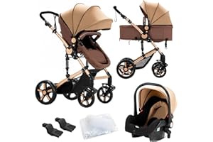 Nine point nine Poussette 3 en 1, Poussette Bebe avec Double Modes de Poussée Réversibles, Poussette Canne avec Grande Nacelle Confortable, Pousette avec Cadre Aluminium Haute Paysage (588 Khaki)