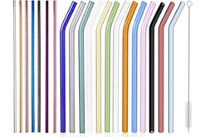 AIRFUL 20 Pcs Cannucce Riutilizzabili in Vetro e Acciaio Inossidabile, 13 Colori Cannucce Curve in Vetro, 7 Colori Cannuccia Dritta in Acciaio Inossidabile per Cannucce, Frullatii, Frappè, Cocktail, Succhi