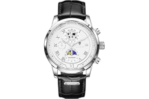 LIGE Montre pour Hommes Chronographe Quartz avec Date Moonphase Design Noir Bracelet en Cuir Montre Quotidienne étanche - Montres élégantes pour Le Travail et La Vie Quotidienne