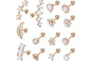 Milacolato 14 pièces 16G Acier Inoxydable Piercings Oreille Barbell Helix Cartilage Boucles D'oreilles pour Femme Homme CZ feuille Fleur Larme Opale Avant Helix Tragus Daith Conque Piercing Bijoux