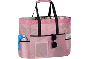 LIVACASA Bolsa de Playa Malla Grande Ligero con Cremallera Multi Bolsillos Cuerdas Antideslizante para Verano Piscina Playa