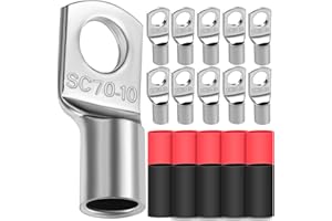 DAWENUR Lot de 10 cosses de câble tubulaires 70 mm² - Diamètre du trou M10 - Cosses à anneau en cuivre épaissi non isolées SC avec 10 gaines thermorétractables 3:1