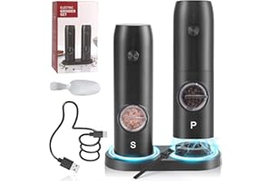 ZOYIDOUX Set di 2 Macina Sale e Pepe Elettrico con base di ricarica doppia USB, Spazzola,Cucchiaio Acciaio Inossidabile,Macina spezie elettrico con Luce LED e Rugosità Regolabile,Operato una mano