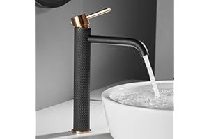 TIMACO Rubinetto da bagno, miscelatore monocomando per lavabo, lavandino, acqua calda e fredda disponibile,nero e oro