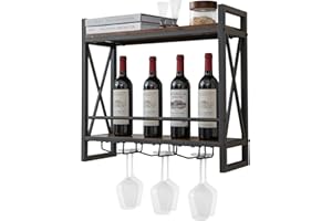 ‎COSTWAY COSTWAY 2 Ebenen Weinregal Wand, Flaschenregal Holz mit Metallrahmen, mit 3 Reihen Weingläserhalter, Industrial Design, ideal für Zuhause, Bar, Küche, Restaurant