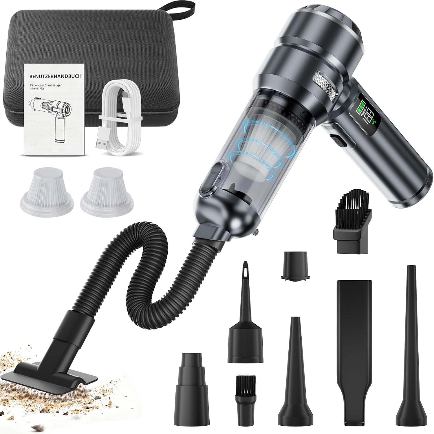 HOVIN Aspirador de Mano – 26000 pa Aspiradora Coche, Aspiradora de Mano Potente, 4 en 1 Mini Aspiradora de Mano con Motor Sin Escobillas, 3 Niveles, para PC, Mascotas, Casa, Coche