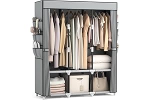 Vicye Armadio in Tessuto, Wardrobe Armadio Grande 19mm tubo metallico con 3 Barre Appendiabiti e 6 Tasche Laterali, Armadio da Campeggio Pieghevole per Camera da Letto e Spogliatoio Grigio