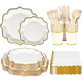 Anstore White Party Tableware 25 Guests 200 Vintage Gold Rim Paper Plates and Cutlery Disposable Exquisite Birthday Tableware