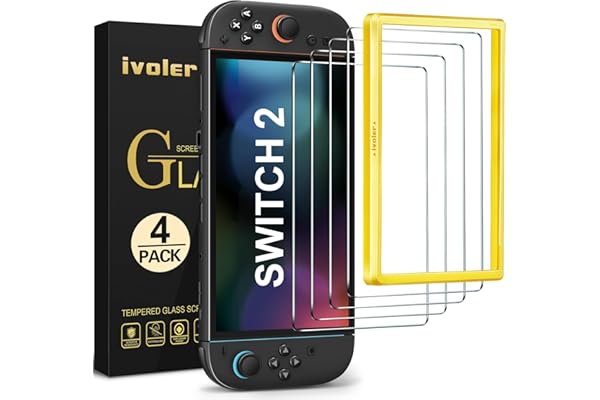 ivoler 4 Piezas Protector Pantalla para Nintendo Switch 2 Model 2025, Incluye Marco de Instalación Fácil, Cristal Vidrio Templado Premium