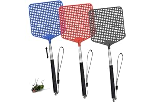 OKALABANDEE 3 Pezzi paletta mosche,Scacciamosche Estensibile, Colorato Manuale paletta per mosche,Portatile Scacciamosche Plastica per Mosche,Zanzare e Insetti (Negro, Rosso, Blu)