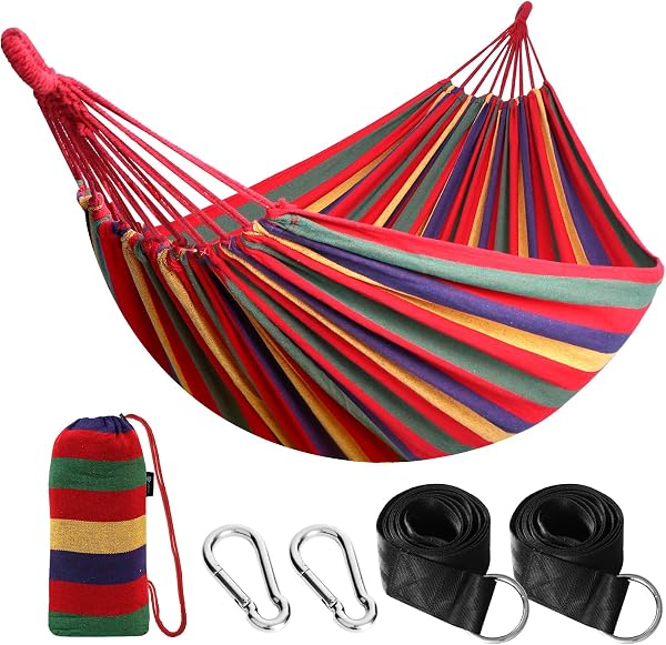 ANYOO Hängematte Outdoor Baumwolle Bequemer Stoff mit Baumfreundlichen Gurten zum Aufhängen, Robuste Tragbare Hängematte mit Reisetasche für Garten, Indoor, Balkon, Terrasse, Camping - 1