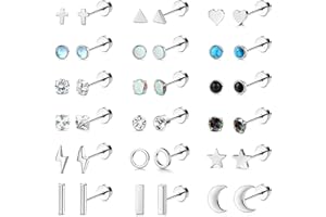 Roheafer 18–24 Paar winzige Knorpel-Ohrstecker für Damen und Herren, Edelstahl 316L, 20 g, Knorpel-Helix-Ohrringe, Mond, Stern, Herz, CZ, Opal, geometrische, flache Rückseite, Piercing-Schmuck