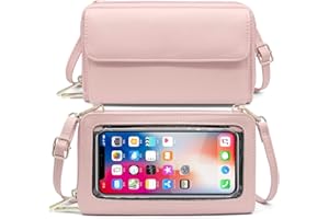 HNOOM Bolso Movil Mujer, Bolso Bandolera Móvil con Pantalla Táctil, Bloqueo RFID Monedero Cuero PU Bolsos Bandolera de Mujer Cartera Movil con Ranuras para Tarjeta y Cremallera Billetera (Rosa)