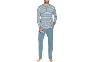 Winovia Zweiteiliger Schlafanzug Herren lang Sleepwear Baumwolle Pyjama Set Winter Nightwear Set Nachtwäsche Langarm mit Knopfleiste, V-Ausschnitt, und Streifen-Design
