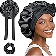 1PC Satin Bonnet, Silk Sleep Bonnets for Women, Adjustable Satin Night Sleeping Cap Soft Elastic Band Silk Bonnets for Sleeping, Hair Bonnet with Tie Band for Curly Hair Braid Women Black