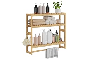 RRX Bambus-Badezimmerregal, 15cmx59cmx53cm H, 3-stöckig, verstellbare Schicht, schwebender Wandständer oder Ständer mit Stange, Standregal, Handtuchhalter, Hängestange für Badezimmer (Beige)