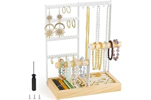 XiYee Présentoir à Bijoux, Porte-Boucles d'Oreilles Porte Bijoux avec Plateau et Crochets pour Chaînes Boucles d'Oreilles Bagues Bracelets Montres (Blanc)