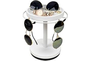 LingLingo Sunglasses Organizer 360° Rotating Eyeglass Holder Stand with Wood Tray and Base, Eye Glass Display Rack for Multiple Sunglass Storage for Table Dresser Nightstand Desk (White)