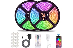 ‎ALED LIGHT ALED LIGHT Bluetooth LED strip, 10 m (2 x 5 m) 32.8 ft, IP65 waterproof, RGB 5050 LED strips with smart Bluetooth controller, 40 buttons remote control, 12 V power supply for home, garden, decoration