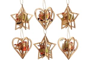 ‎ILAUKE 3D Weihnachtsbaumschmuck Deko Holz Weihnachtsbaum 6er Christbaumschmuck Handgemachte Anhänger Dekoration DIY Holz Ornamente Weihnachtsmann Schneemann Elch