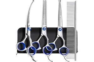 Gimars Ciseaux de toilettage professionnels pour chiens 4CR avec pointe ronde de sécurité, ciseaux droits, effilés et incurvés avec revêtement en titane