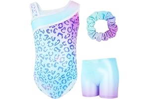 Gogokids Ensemble de gymnastique 3 pièces pour fille, Col en Y, Sans manches, Avec short et bandeau, Tenue de gymnastique dansante, Avec motif blocs de couleurs bleu et violet, 3-12 ans